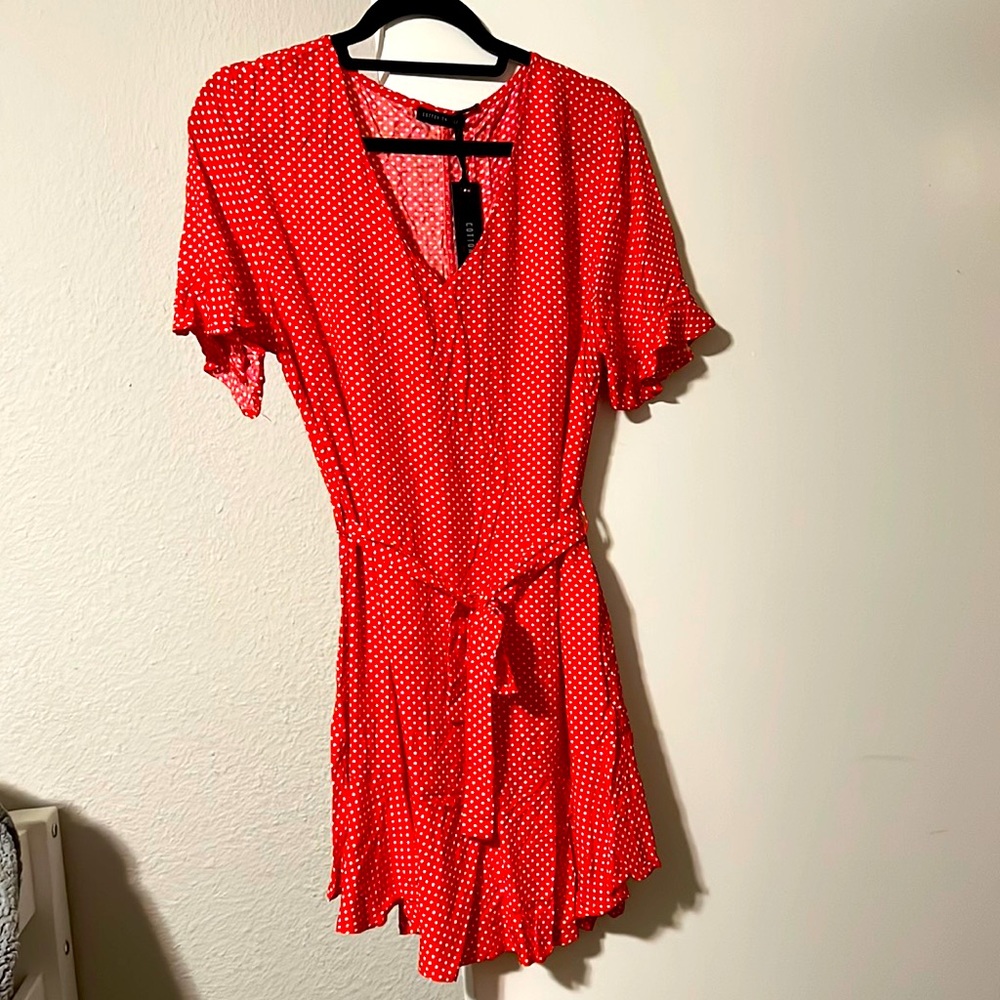 NWT Cotton On Size L Breezy Bright Red Polka Dot Dress w/ ruffle sleeves/skirt